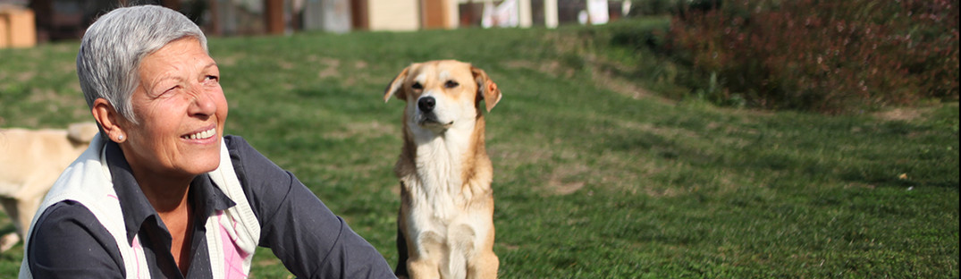 A woman sitting in the sun with a dog next to her.